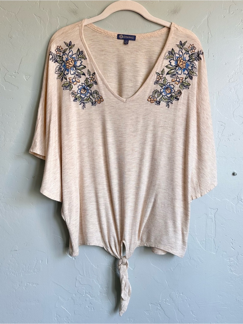 Democracy Cream V-Neck Tie-Front Top with Blue & Tan Floral Embroidery